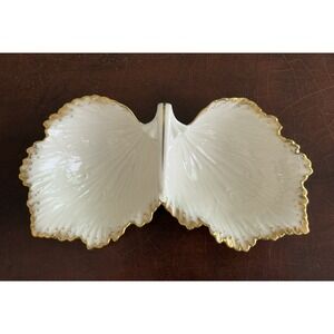 LENOX Double Leaf Ivory Gold Trim Ceramic Serving/Nut/Candy Dish Fall - USA Made